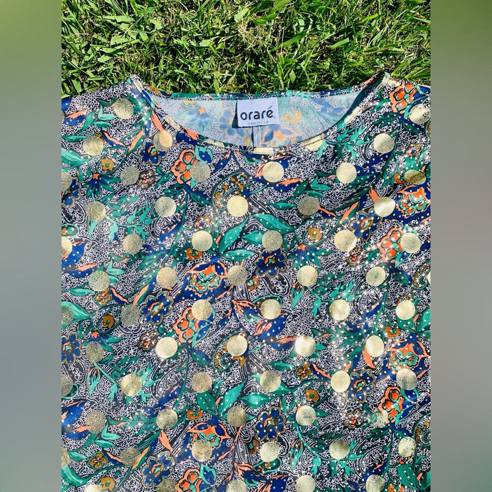 70’s Orare light weight Botanical Print With Metallic Gold polka dots